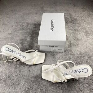 Calvin Klein Square Open Toe Kitten Heels Sandals Womens 7 White